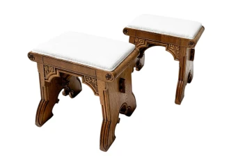 Arts & Crafts Hand-Carved Oak Stools with Boucle Upholstery, 1900s